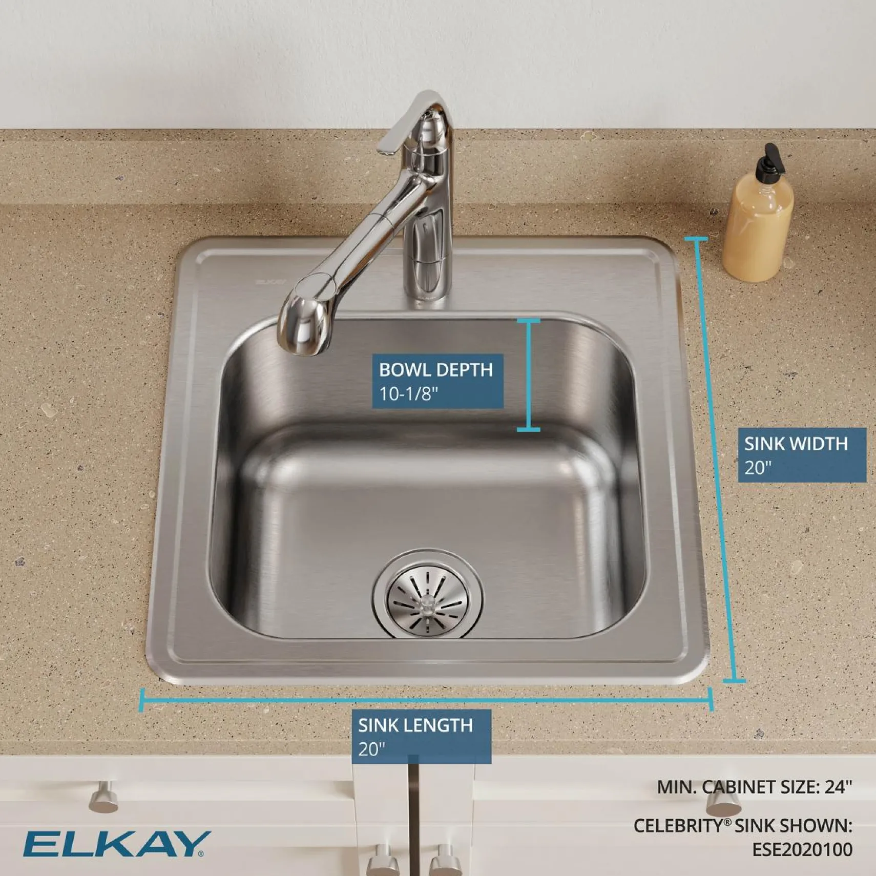 Elkay Celebrity 20" Drop In/Topmount Stainless Steel Laundry/Utility Sink, Brushed Satin, No Faucet Hole, ESE2020100