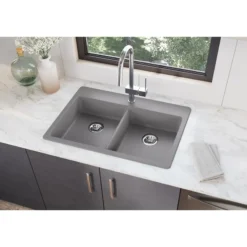Elkay Classic 33" Quartz Kitchen Sink, 50/50 Double Bowl, Greystone, Pre-scored for up to 5 Faucet Hole, ELGAD3322PDGS0