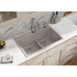 Elkay Classic 33" Quartz Kitchen Sink, 50/50 Double Bowl, Greige, ELGDLB3322GR0