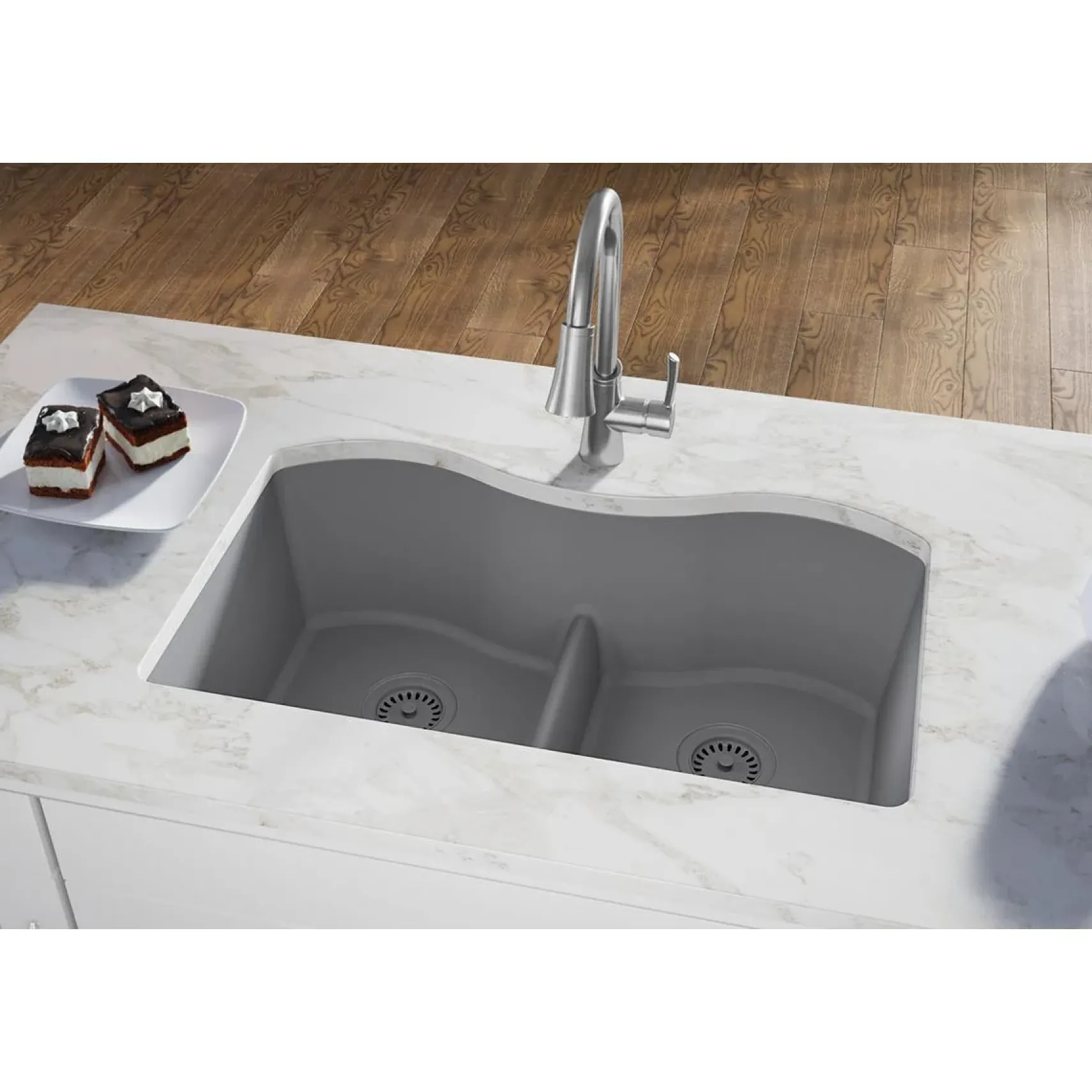 Elkay Classic 33" Quartz Kitchen Sink, 50/50 Double Bowl, Greystone, ELGULB3322GS0