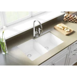 Elkay Classic 33" Quartz Kitchen Sink, 50/50 Double Bowl, White, ELGU250RWH0
