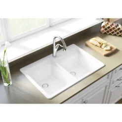 Elkay Classic 33" Quartz Kitchen Sink, 50/50 Double Bowl, White, Pre-scored for up to 4 Faucet Hole, ELG250RWH0