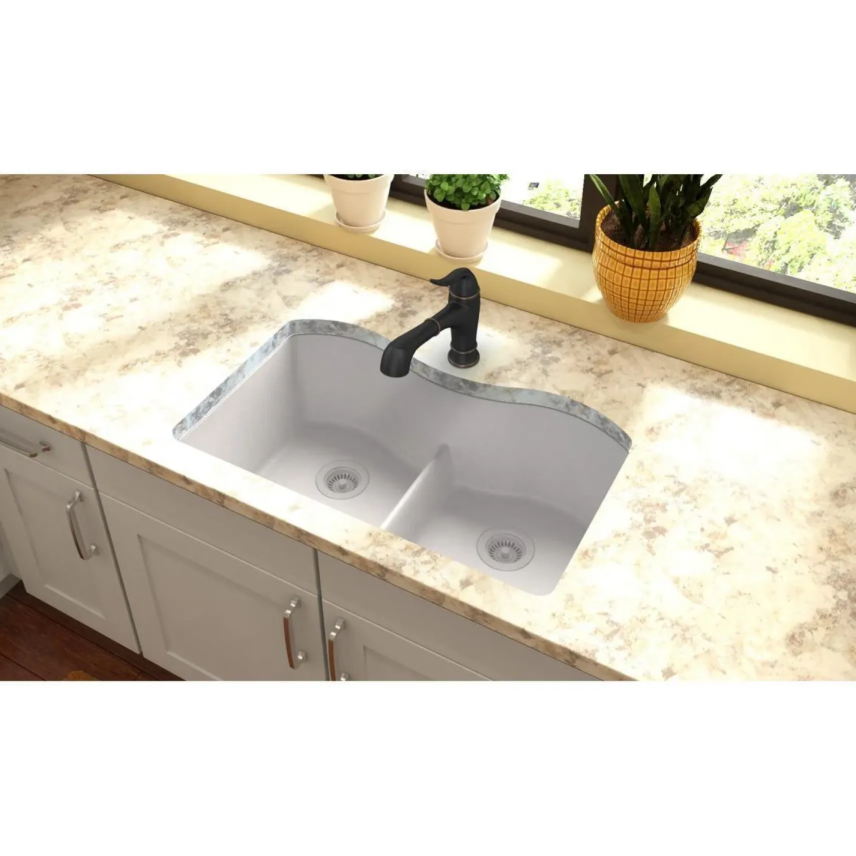 Elkay Classic 33" Quartz Kitchen Sink, 50/50 Double Bowl, White, ELGULB3322WH0