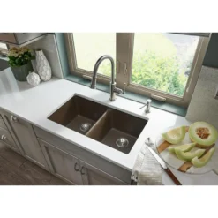 Elkay Classic 33" Quartz Kitchen Sink, 50/50 Double Bowl, Mocha, ELGU3322MC0