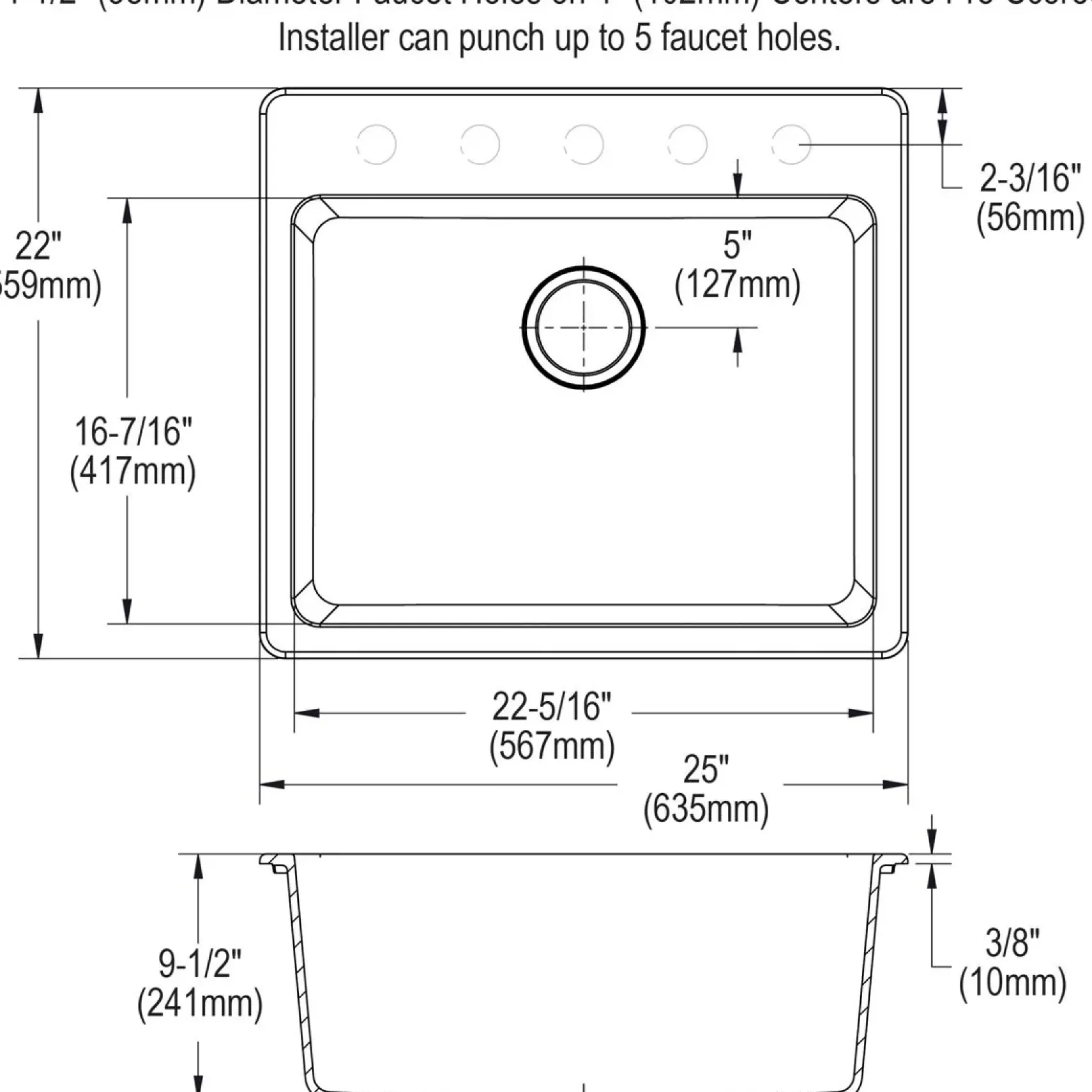 Elkay Classic 25" Quartz Kitchen Sink, Greystone, Pre-scored for up to 5 Faucet Hole, ELG2522GS0