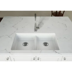 Elkay Classic 33" Quartz Kitchen Sink, 50/50 Double Bowl, White, ELGUAD3319PDWH0