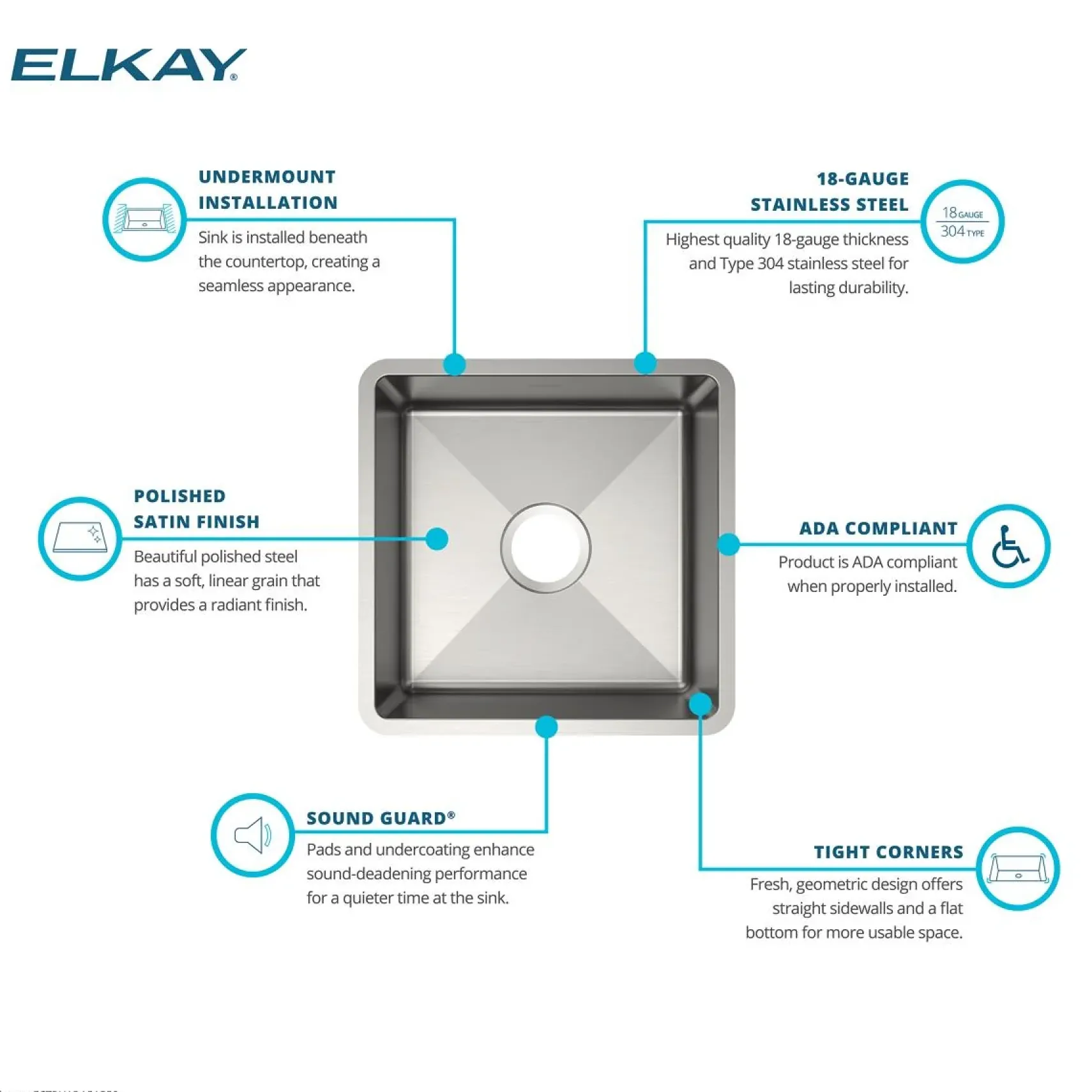 Elkay Crosstown 17" Rectangle Stainless Steel ADA Bar/Prep Sink, Polished Satin, 18 Gauge, ECTRUAD151550