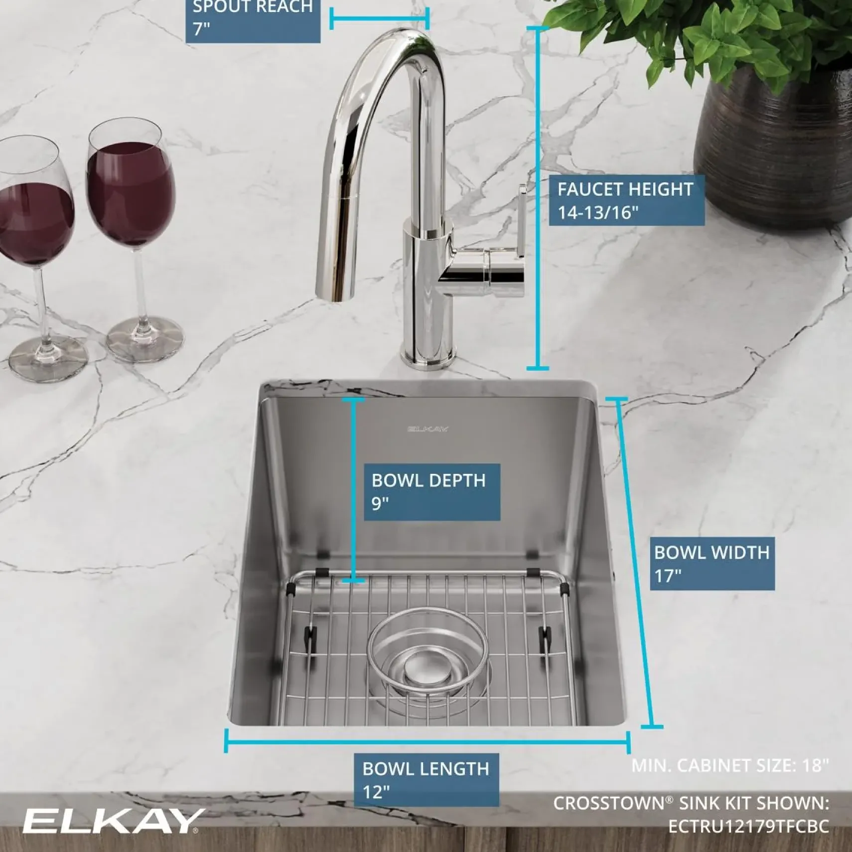 Elkay Crosstown 14" Rectangular Stainless Steel Bar/Prep Sink with Faucet, Polished Satin, 18 Gauge, ECTRU12179TFCBC