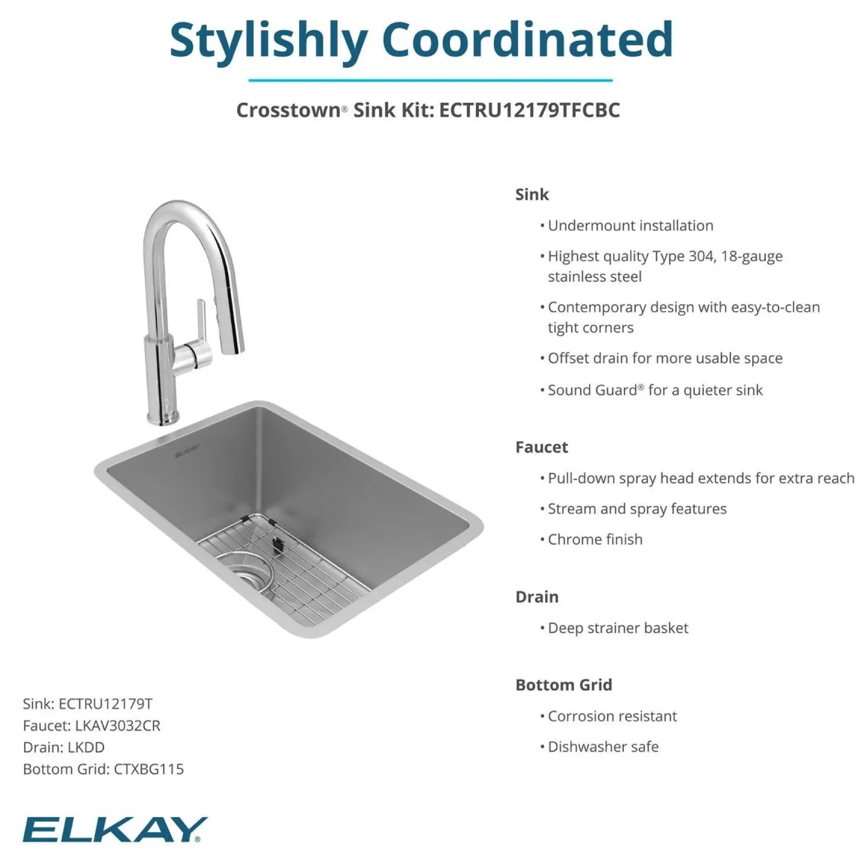 Elkay Crosstown 14" Rectangular Stainless Steel Bar/Prep Sink with Faucet, Polished Satin, 18 Gauge, ECTRU12179TFCBC