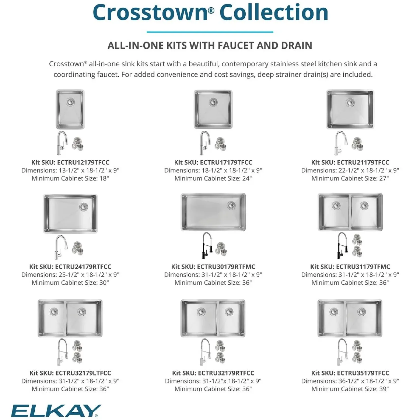 Elkay Crosstown 14" Rectangular Stainless Steel Bar/Prep Sink with Faucet, Polished Satin, 18 Gauge, ECTRU12179TFCC