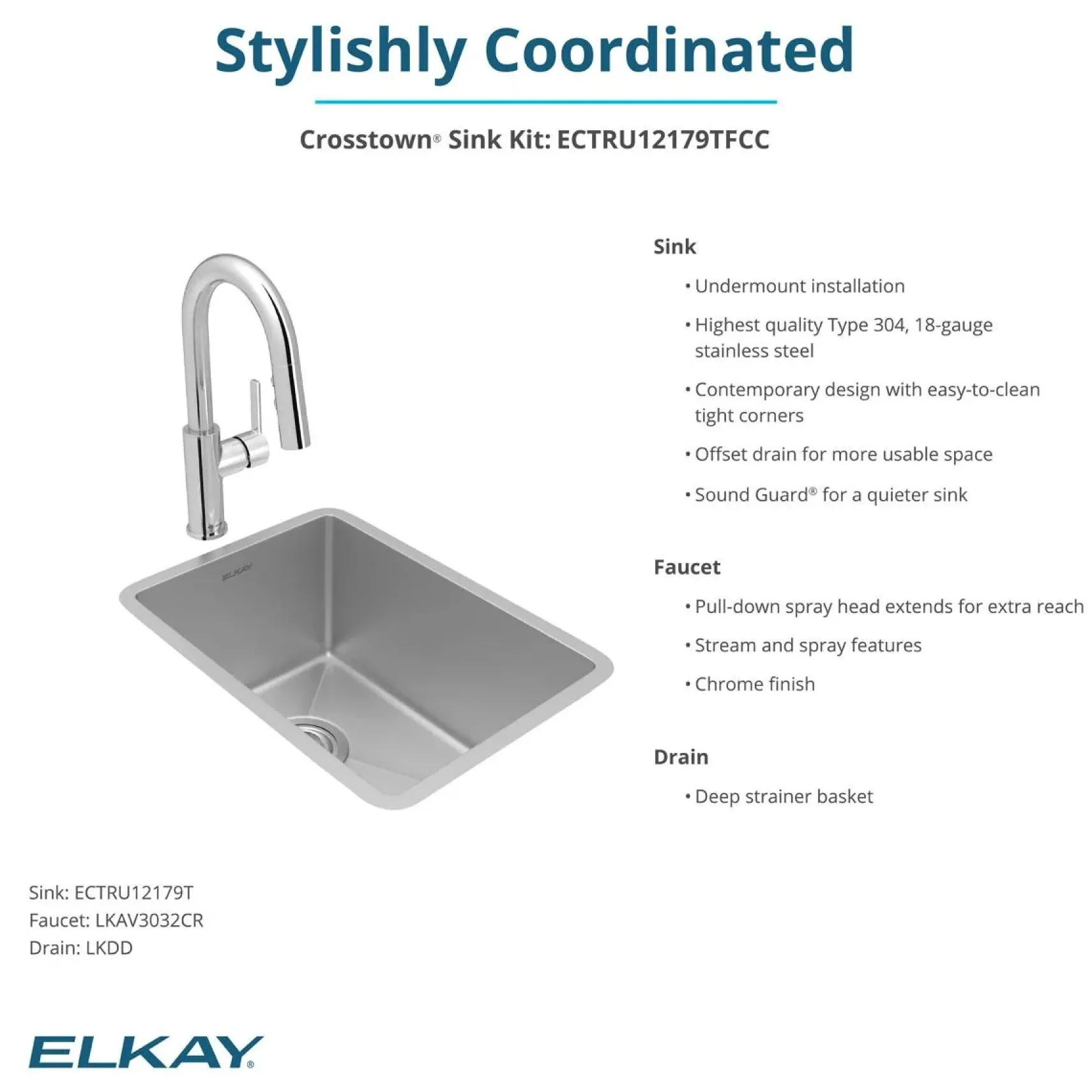 Elkay Crosstown 14" Rectangular Stainless Steel Bar/Prep Sink with Faucet, Polished Satin, 18 Gauge, ECTRU12179TFCC