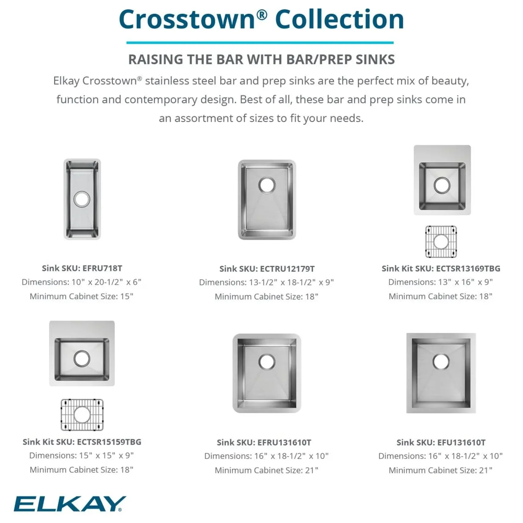Elkay Crosstown 13" Stainless Steel Bar Sink Kit, Polished Satin, ECTSR13169TBG2