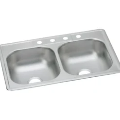 Elkay Dayton 33" Stainless Steel Kitchen Sink, 50/50 Double Bowl, Satin, 4 Faucet Hole, DD233224