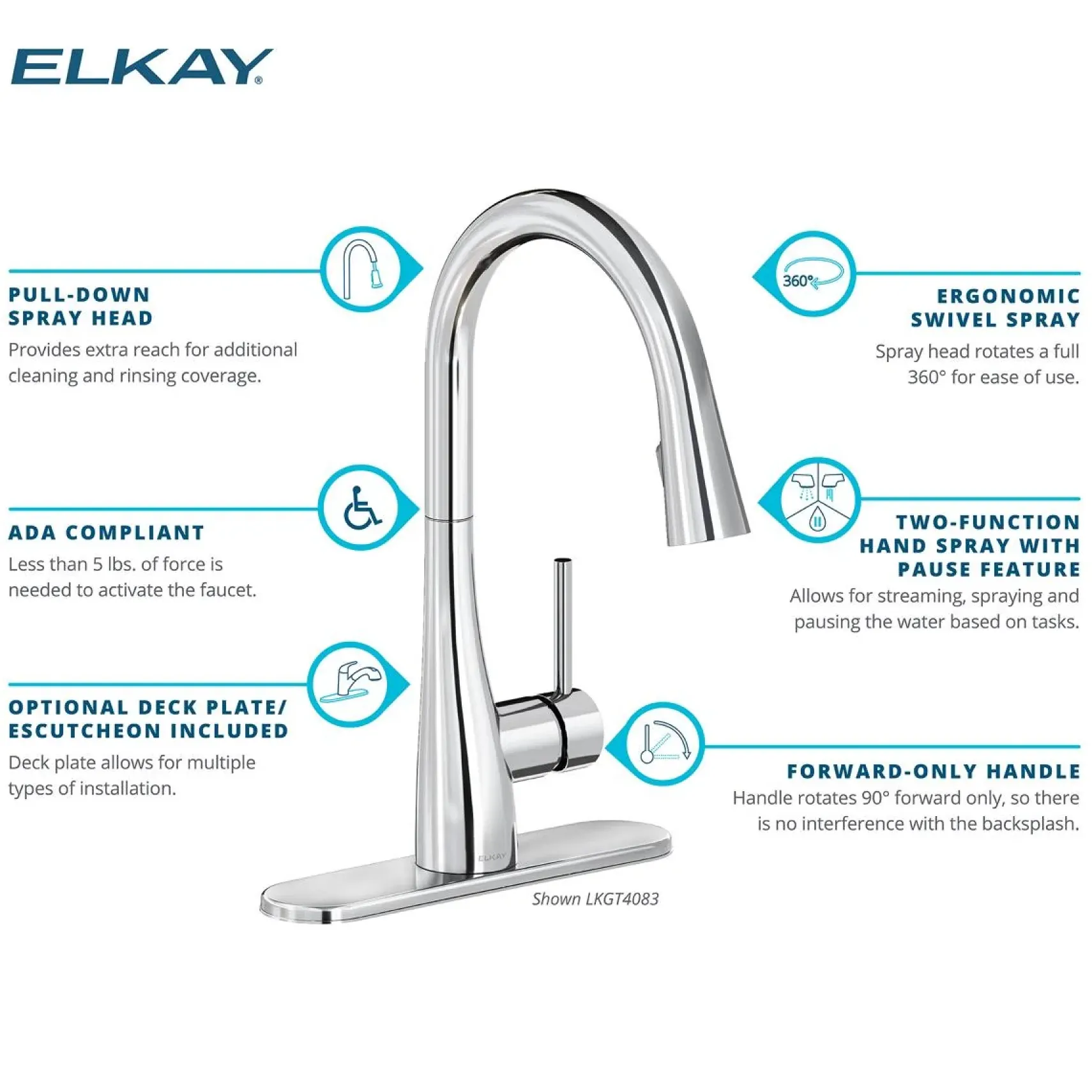 Elkay Forward Only Lever Handle Pull-down Spray Spout Brass ADA Kitchen Faucet, Chrome, LKGT4083CR