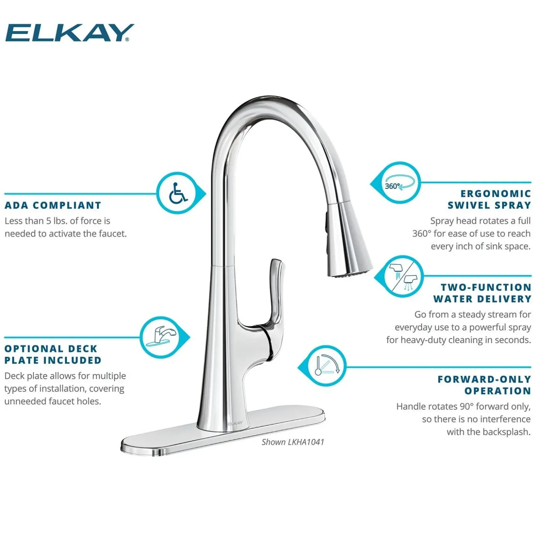 Elkay Harmony Forward Only Lever Handle Pull-down Spray Spout Brass ADA Kitchen Faucet, Chrome, LKHA1041CR