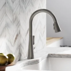 Elkay Harmony Forward Only Lever Handle Pull-down Spray Spout Brass ADA Kitchen Faucet, Lustrous Steel, LKHA1041LS