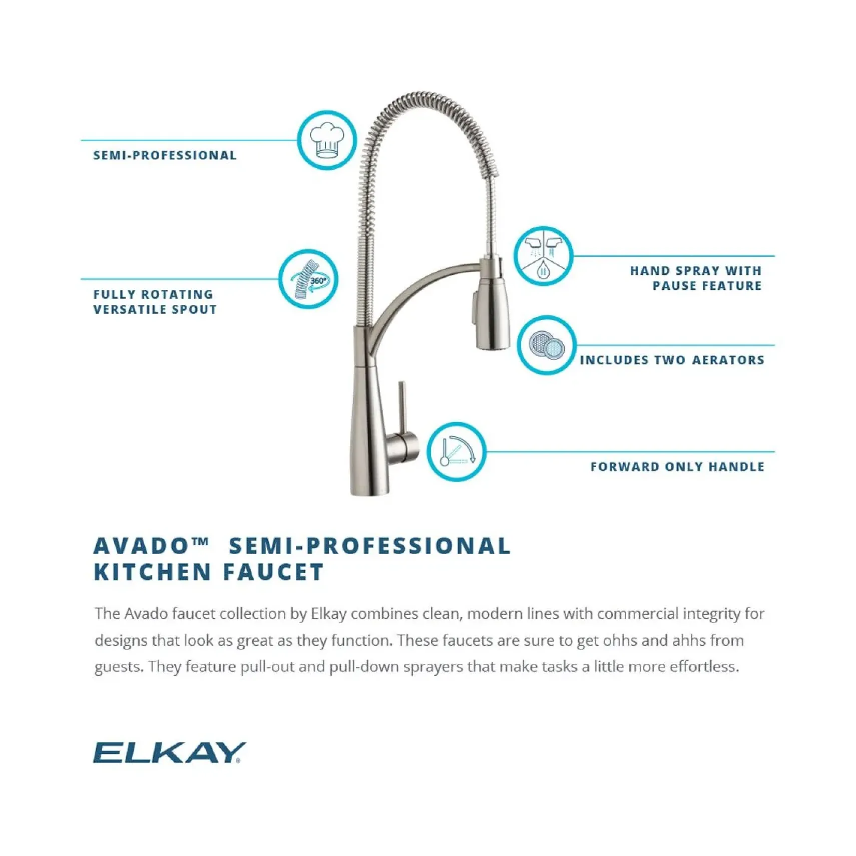 Elkay LKAV4061LS Avado Single Hole Kitchen Faucet with Semi-Professional Spout Forward Only Lever Handle Lustrous Steel