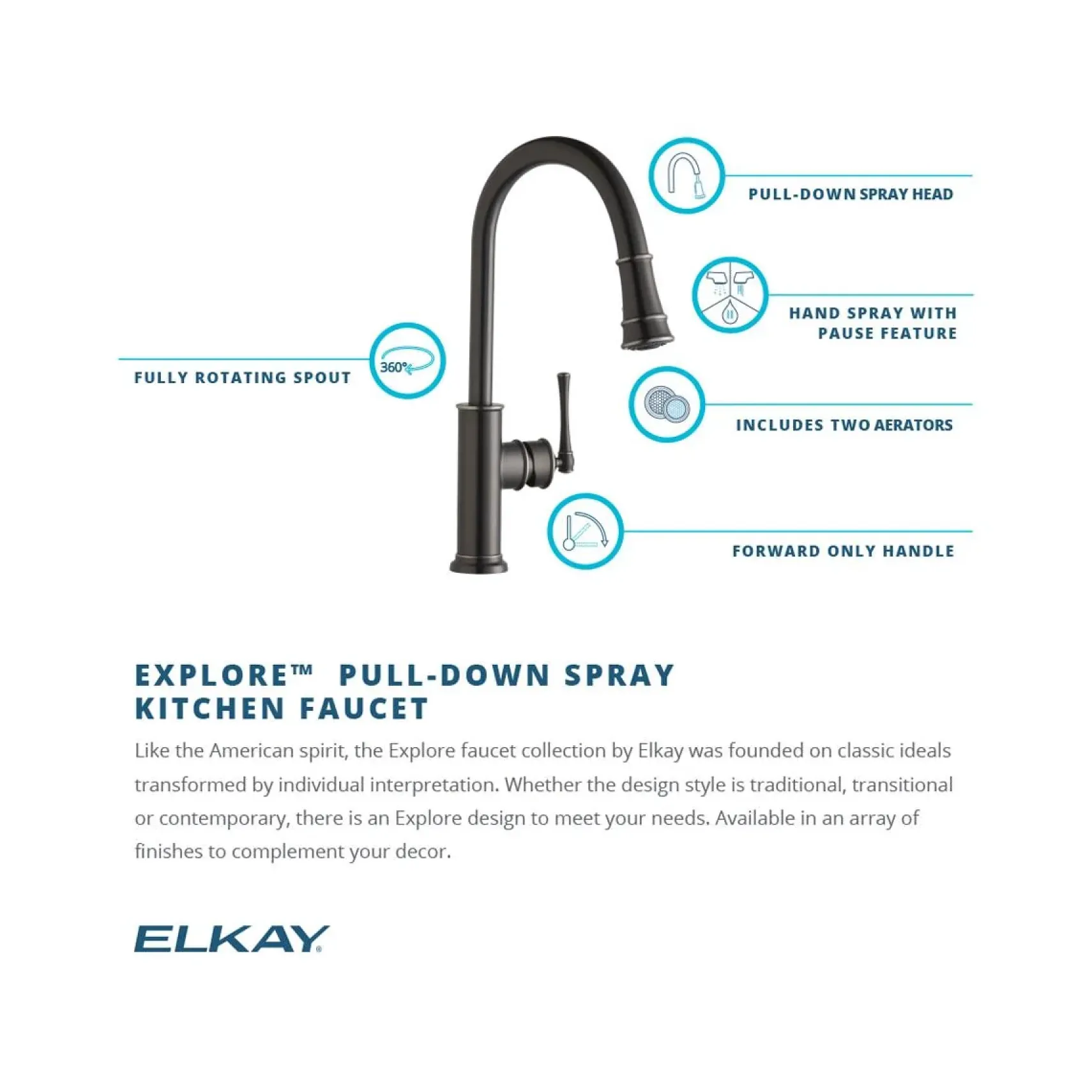 Elkay LKEC2031CR Explore Single Hole Kitchen Faucet with Pull-down Spray and Forward Only Lever Handle Chrome