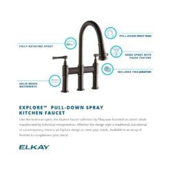 Elkay LKEC2037CR Explore Three Hole Bridge Faucet with Pull-down Spray and Lever Handles Chrome