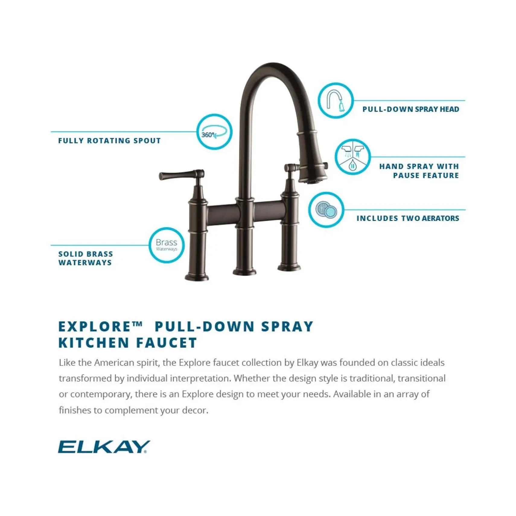 Elkay LKEC2037LS Explore Three Hole Bridge Faucet with Pull-down Spray and Lever Handles Lustrous Steel