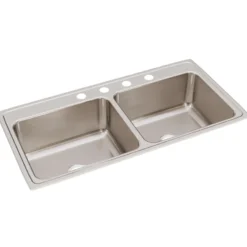 Elkay Lustertone 43" Stainless Steel Kitchen Sink, 50/50 Double Bowl, 18 Gauge, Lustrous Satin, 4 Faucet Hole, DLR4322104