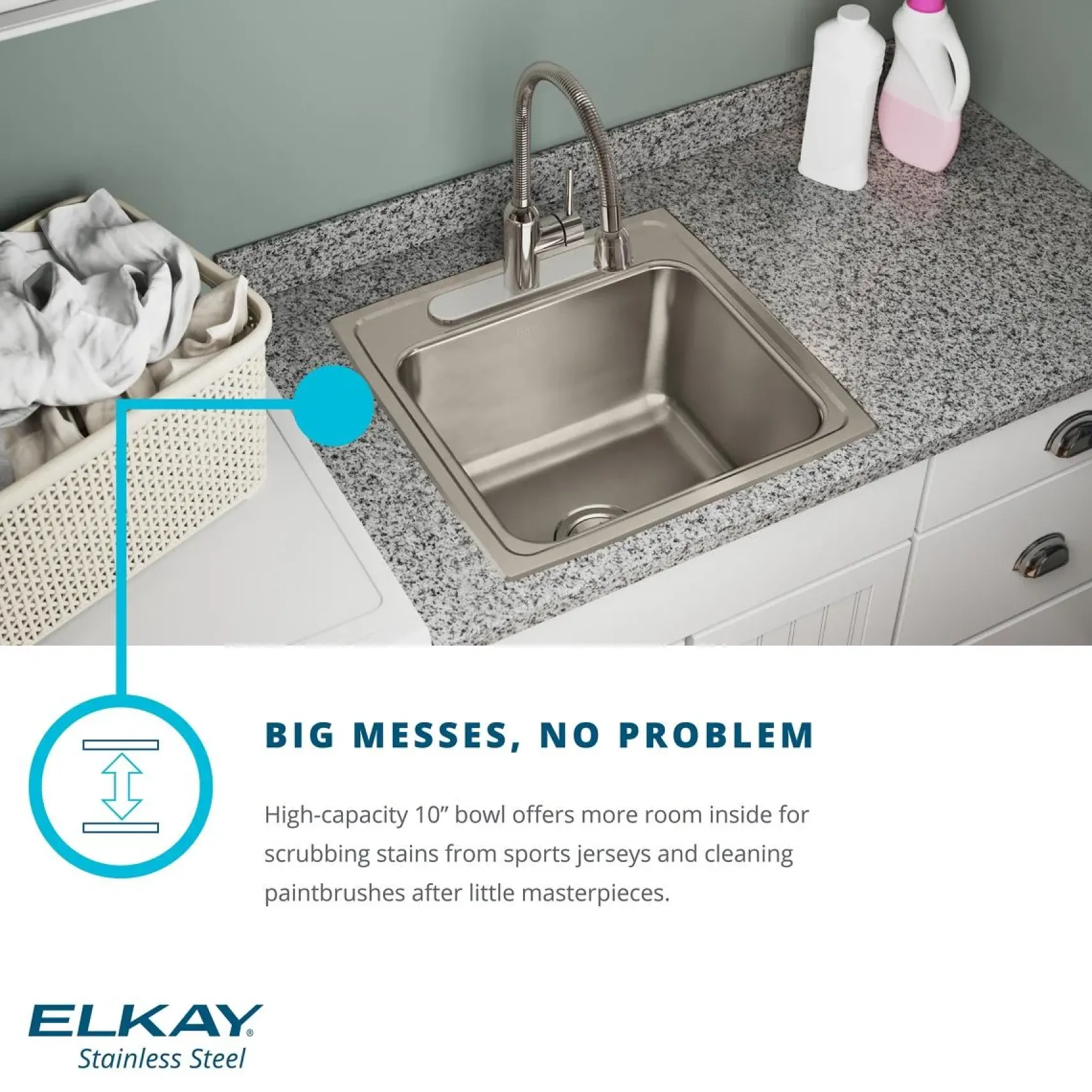 Elkay Lustertone Classic 20" Drop In/Topmount Stainless Steel Laundry/Utility Sink, Lustrous Satin, 3 Faucet Holes, DLR191910PD3