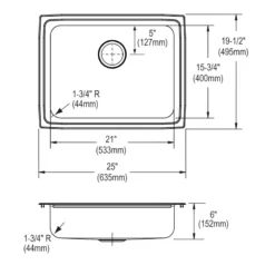 Elkay Lustertone Classic 25" Drop In/Topmount Stainless Steel ADA Kitchen Sink, Lustrous Satin, No Faucet Hole, LFRAD251960