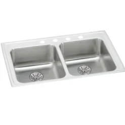 Elkay Lustertone Classic 29" Drop In/Topmount Stainless Steel ADA Kitchen Sink, 50/50 Double Bowl, Lustrous Satin, 4 Faucet Holes, Perfect Drain, LRAD292265PD4