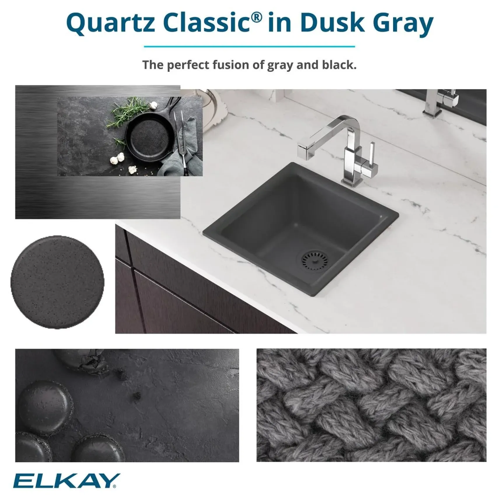 Elkay Quartz Classic 33" Drop In/Topmount Quartz Kitchen Sink, Dusk Gray, 5 Pre-scored Faucet Holes, ELGR13322GY0