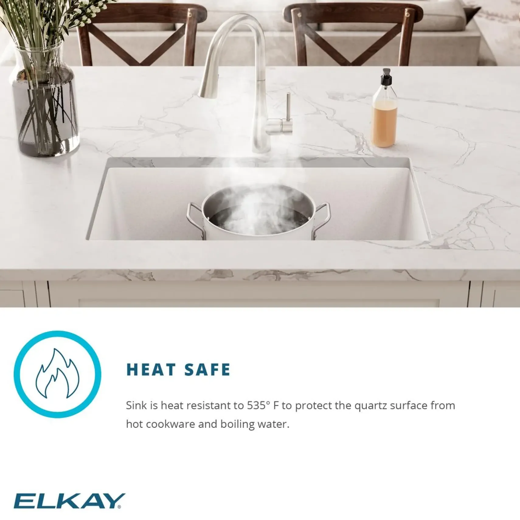 Elkay Quartz Classic 33" Drop In/Topmount Quartz Kitchen Sink, Dusk Gray, 5 Pre-scored Faucet Holes, ELGR13322GY0