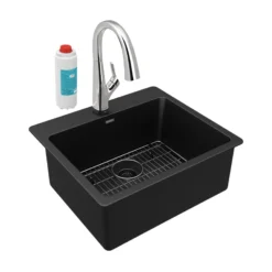 Elkay Quartz Classic 25" Drop In/Topmount Quartz Kitchen Sink Kit with Faucet, Single Bowl Black, 5 Pre-scored Faucet Holes, ELG2522BK0FLC