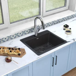 Elkay Quartz Classic 25" Drop In/Topmount Quartz Kitchen Sink Kit with Faucet, Single Bowl Black, 5 Pre-scored Faucet Holes, ELG2522BK0FLC