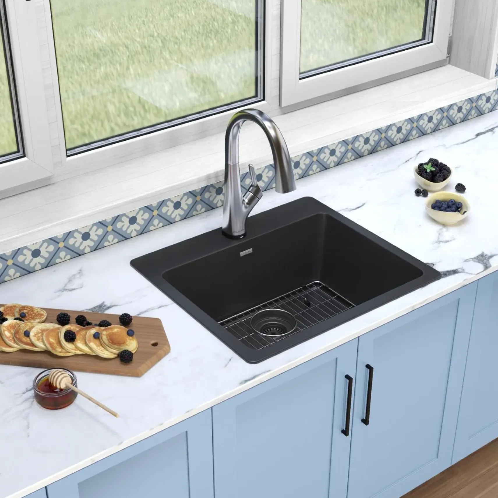 Elkay Quartz Classic 25" Drop In/Topmount Quartz Kitchen Sink Kit with Faucet, Single Bowl Black, 5 Pre-scored Faucet Holes, ELG2522BK0FLC
