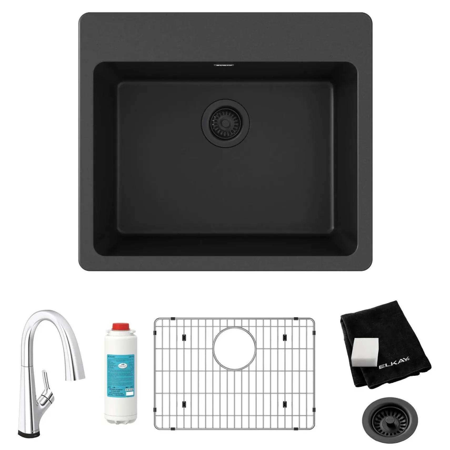 Elkay Quartz Classic 25" Drop In/Topmount Quartz Kitchen Sink Kit with Faucet, Single Bowl Black, 5 Pre-scored Faucet Holes, ELG2522BK0FLC