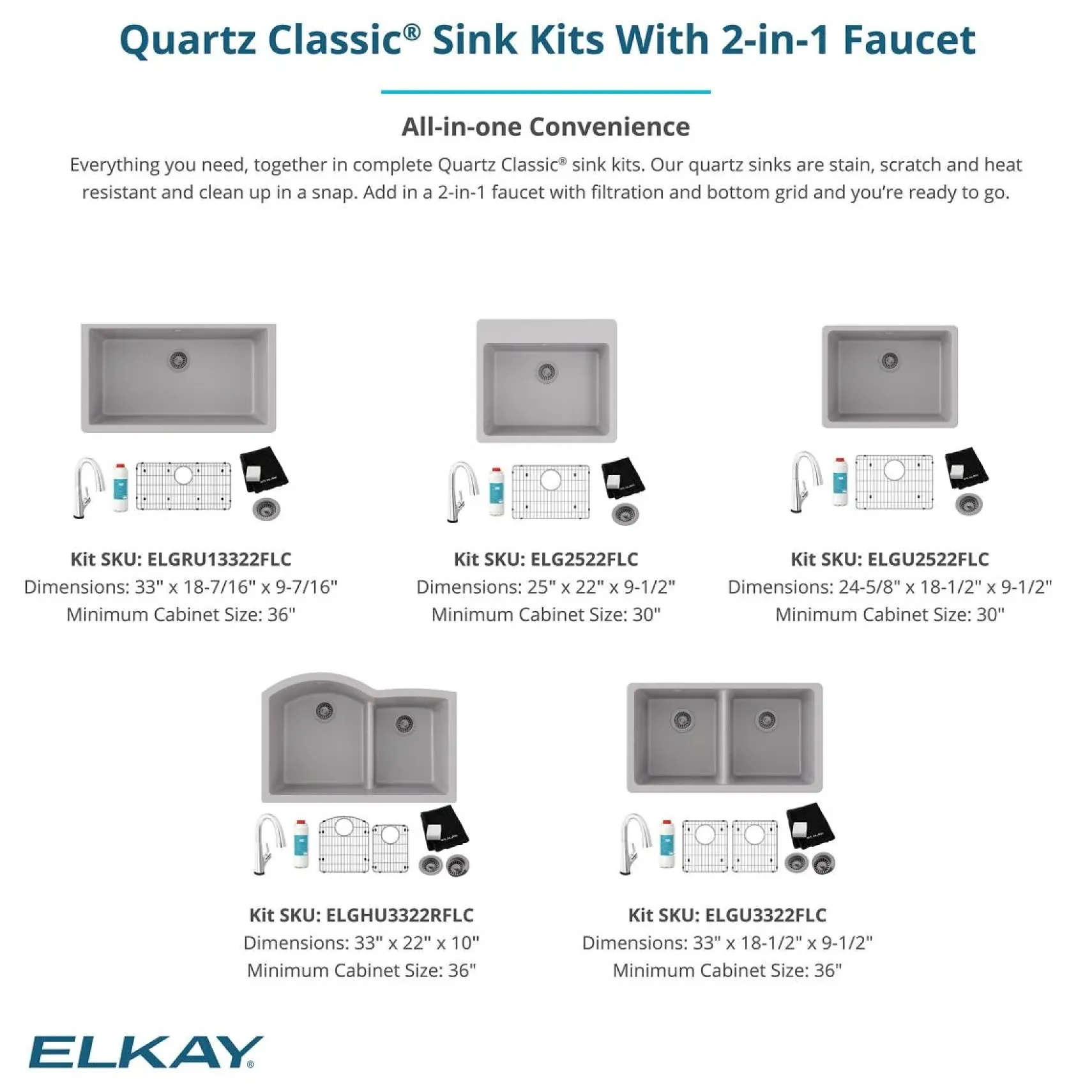 Elkay Quartz Classic 25" Drop In/Topmount Quartz Kitchen Sink Kit with Faucet, Single Bowl Black, 5 Pre-scored Faucet Holes, ELG2522BK0FLC