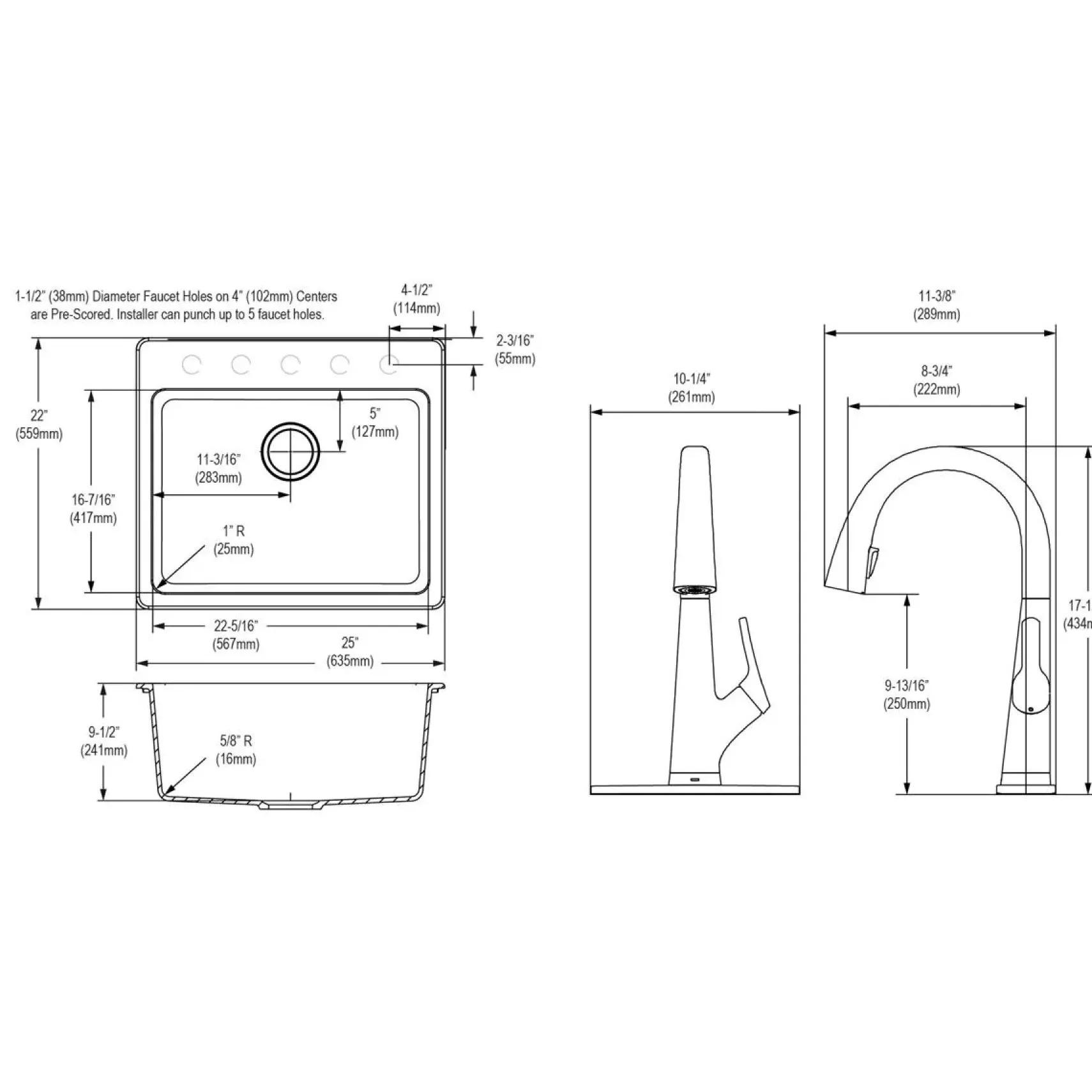 Elkay Quartz Classic 25" Drop In/Topmount Quartz Kitchen Sink Kit with Faucet, Single Bowl Black, 5 Pre-scored Faucet Holes, ELG2522BK0FLC