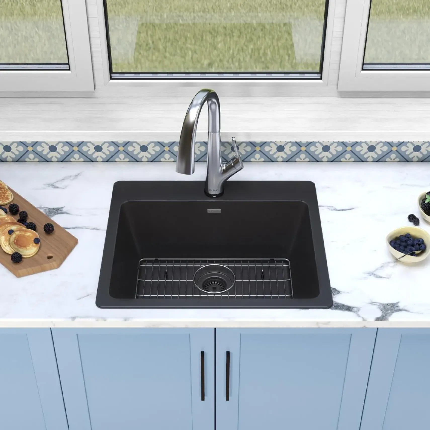 Elkay Quartz Classic 25" Drop In/Topmount Quartz Kitchen Sink Kit with Faucet, Single Bowl Black, 5 Pre-scored Faucet Holes, ELG2522BK0FLC