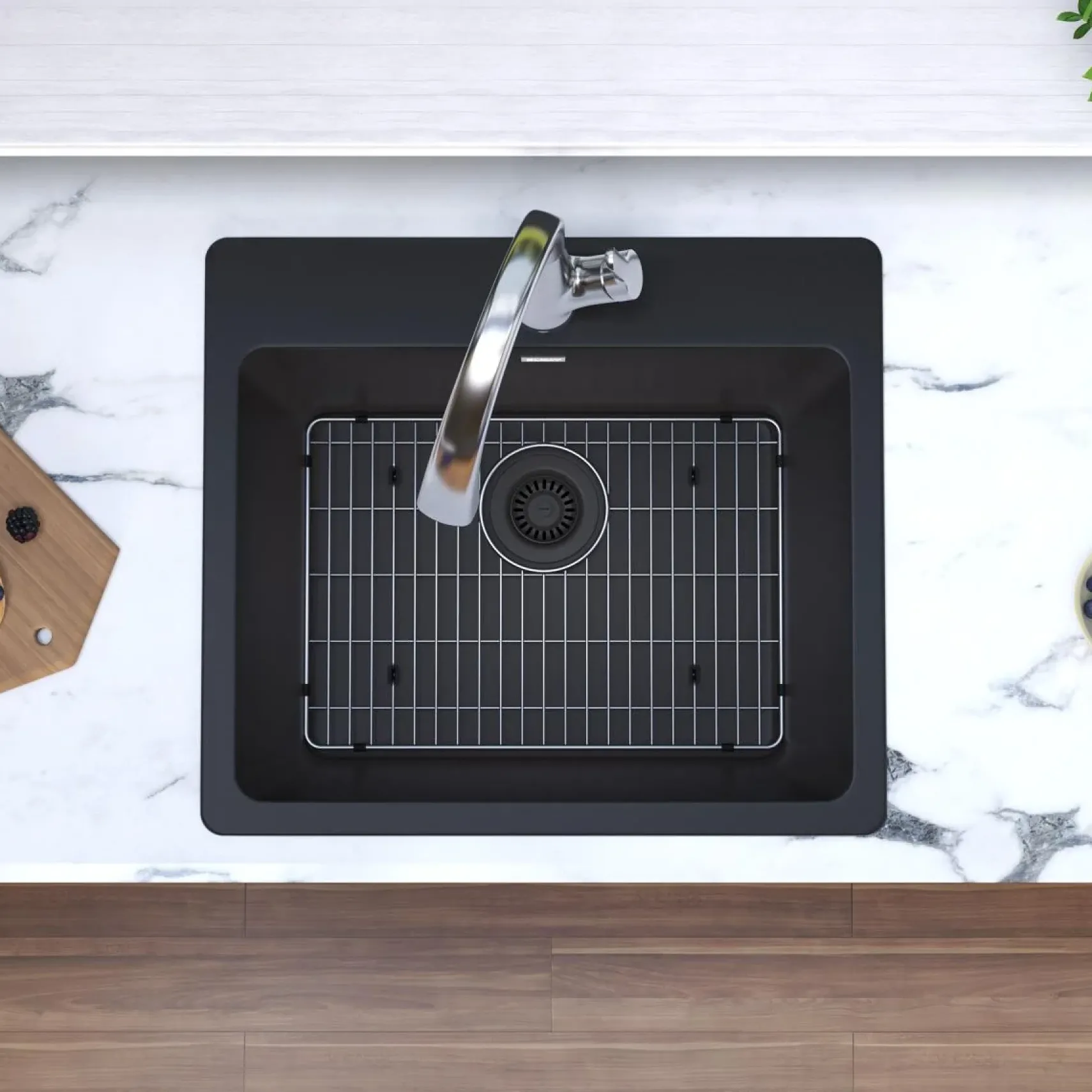 Elkay Quartz Classic 25" Drop In/Topmount Quartz Kitchen Sink Kit with Faucet, Single Bowl Black, 5 Pre-scored Faucet Holes, ELG2522BK0FLC