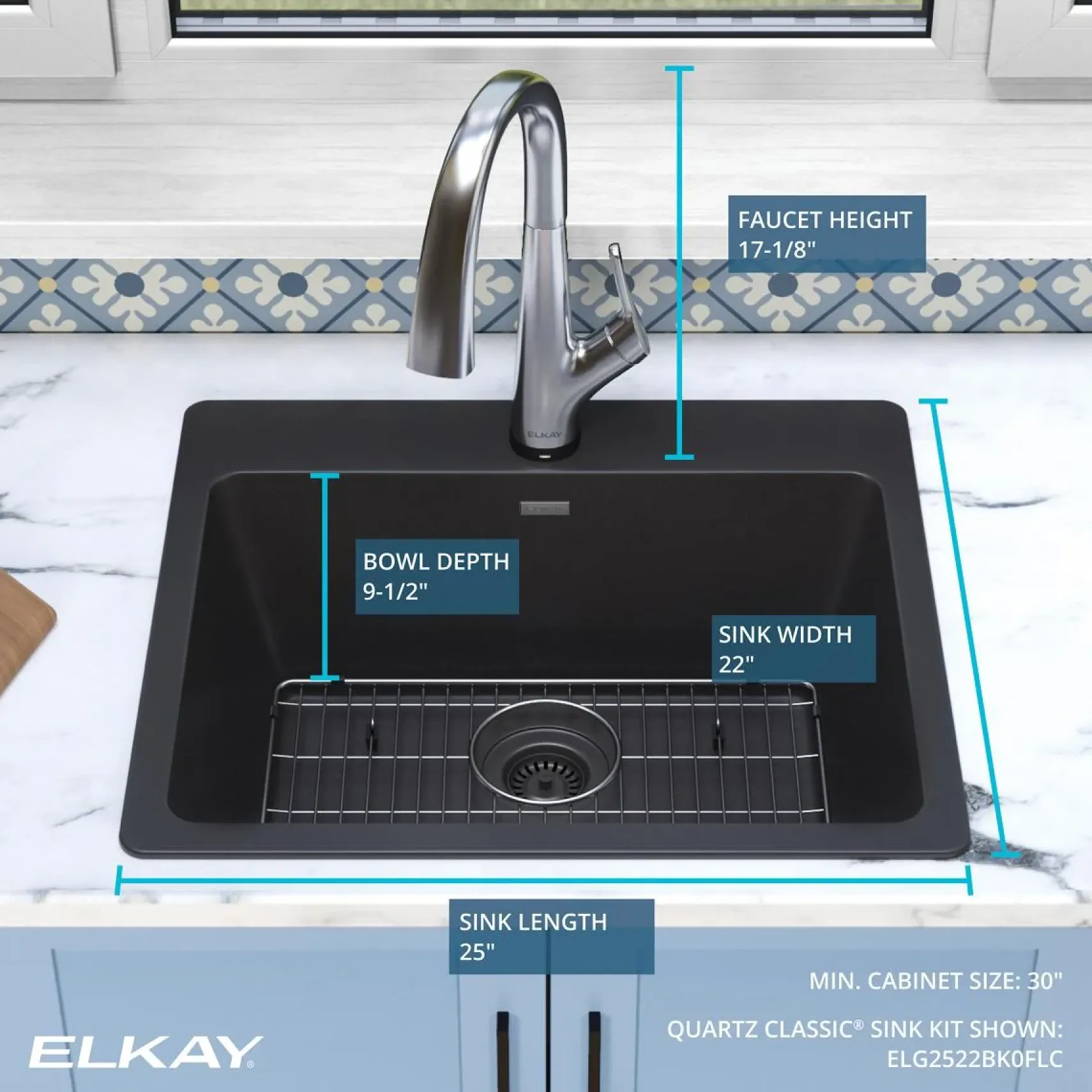 Elkay Quartz Classic 25" Drop In/Topmount Quartz Kitchen Sink Kit with Faucet, Single Bowl Black, 5 Pre-scored Faucet Holes, ELG2522BK0FLC
