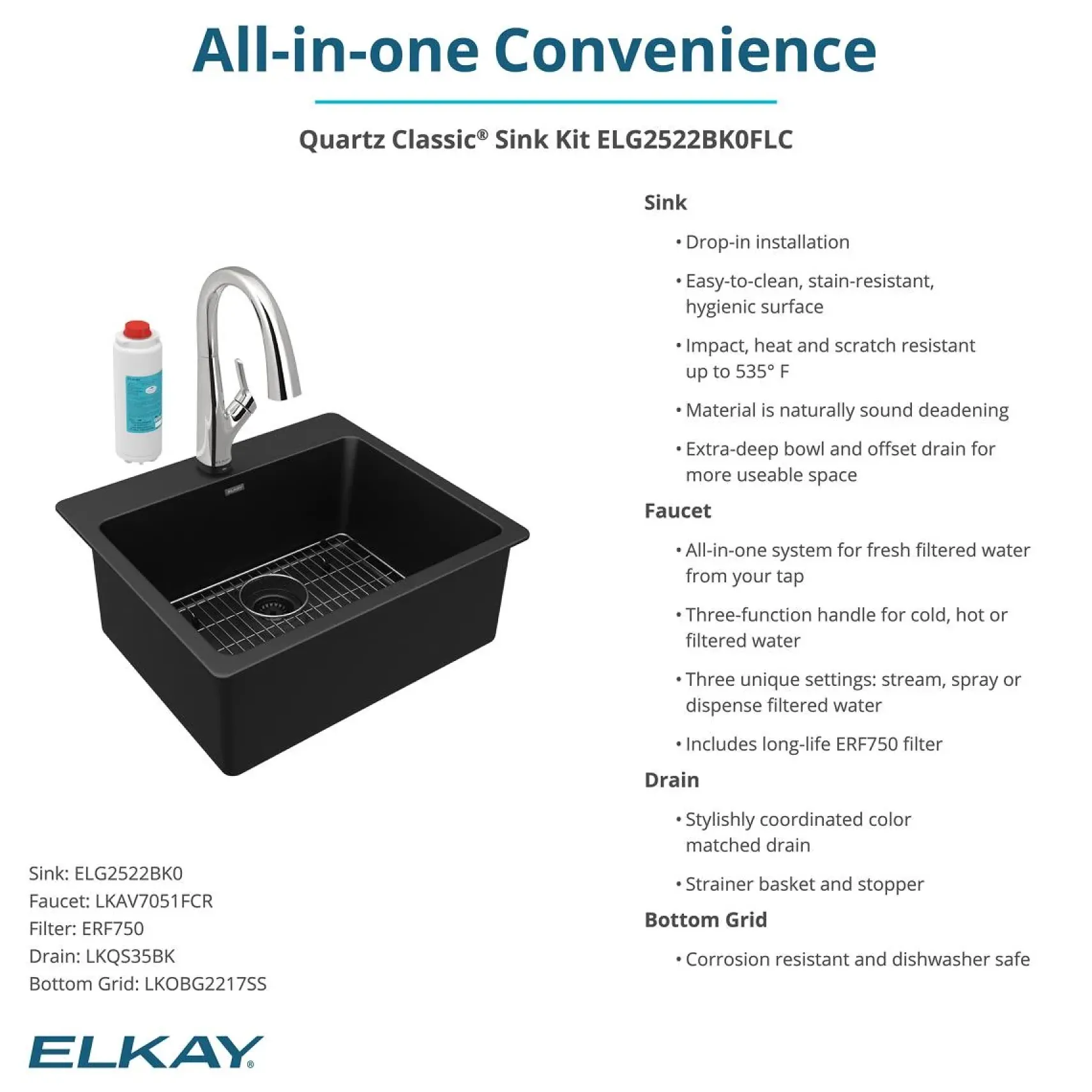Elkay Quartz Classic 25" Drop In/Topmount Quartz Kitchen Sink Kit with Faucet, Single Bowl Black, 5 Pre-scored Faucet Holes, ELG2522BK0FLC