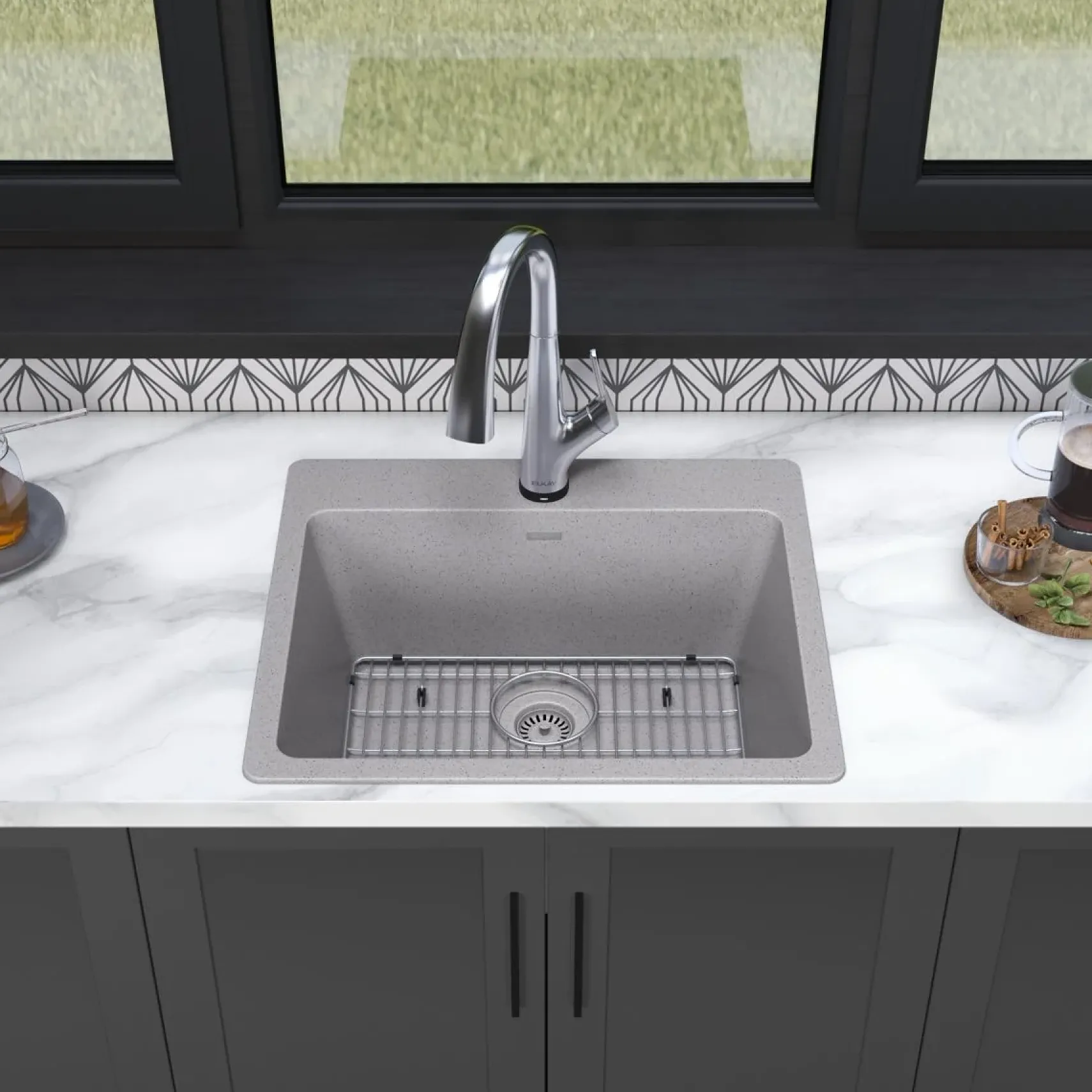 Elkay Quartz Classic 25" Drop In/Topmount Quartz Kitchen Sink Kit with Faucet, Single Bowl Greystone, 5 Pre-scored Faucet Holes, ELG2522GS0FLC