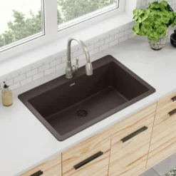 Elkay Quartz Classic 33" Drop In/Topmount Quartz Kitchen Sink, Mocha, 5 Pre-scored Faucet Holes, ELGR13322MC0