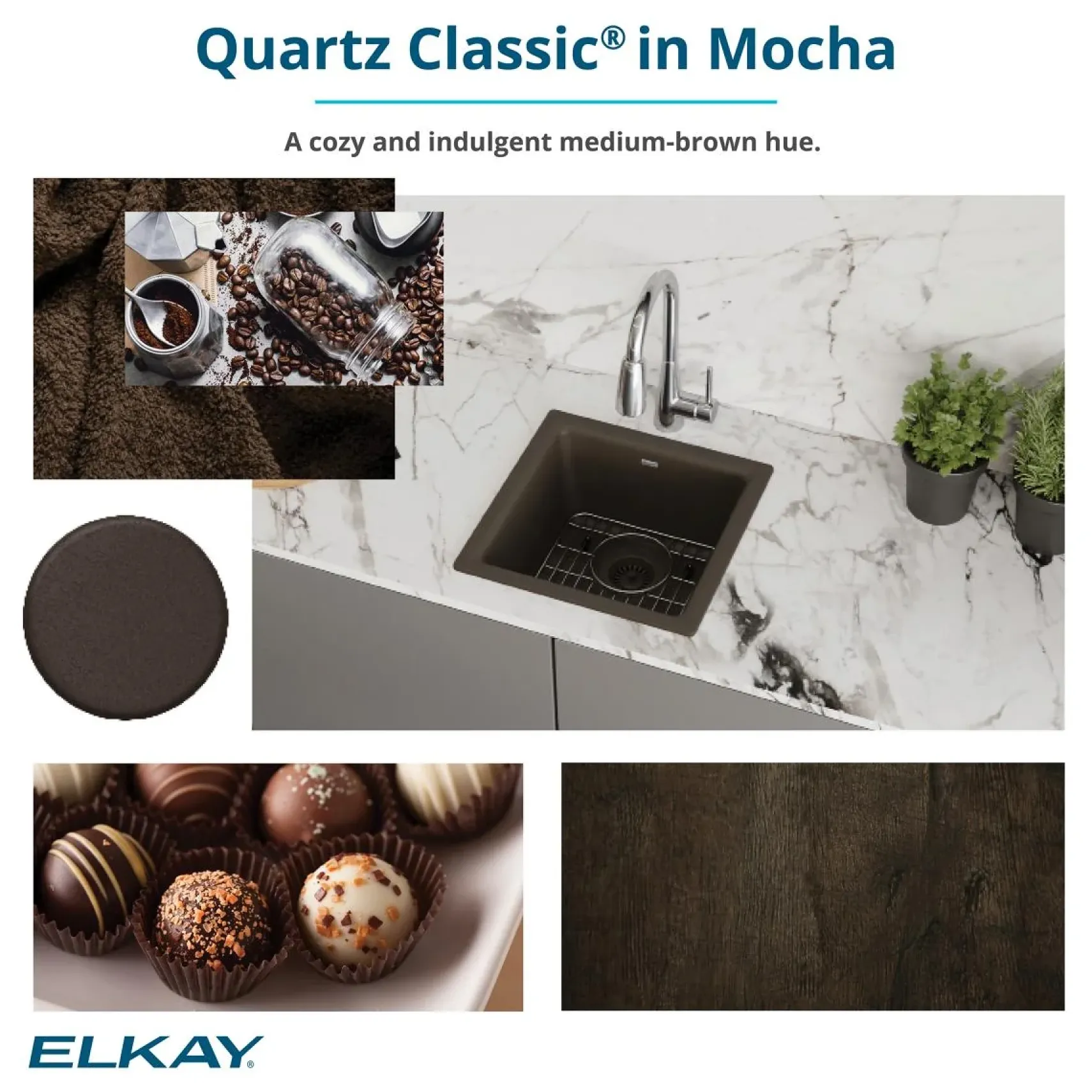 Elkay Quartz Classic 33" Drop In/Topmount Quartz Kitchen Sink, Mocha, 5 Pre-scored Faucet Holes, ELGR13322MC0