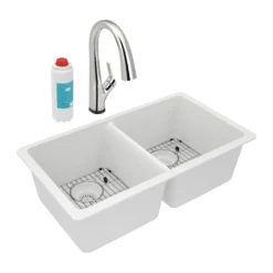 Elkay Quartz Classic 33" Undermount Quartz Kitchen Sink Kit with Faucet, 50/50 Double Bowl, White, ELGU3322WH0FLC