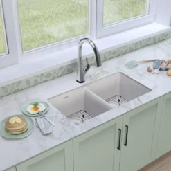 Elkay Quartz Classic 33" Undermount Quartz Kitchen Sink Kit with Faucet, 50/50 Double Bowl, White, ELGU3322WH0FLC