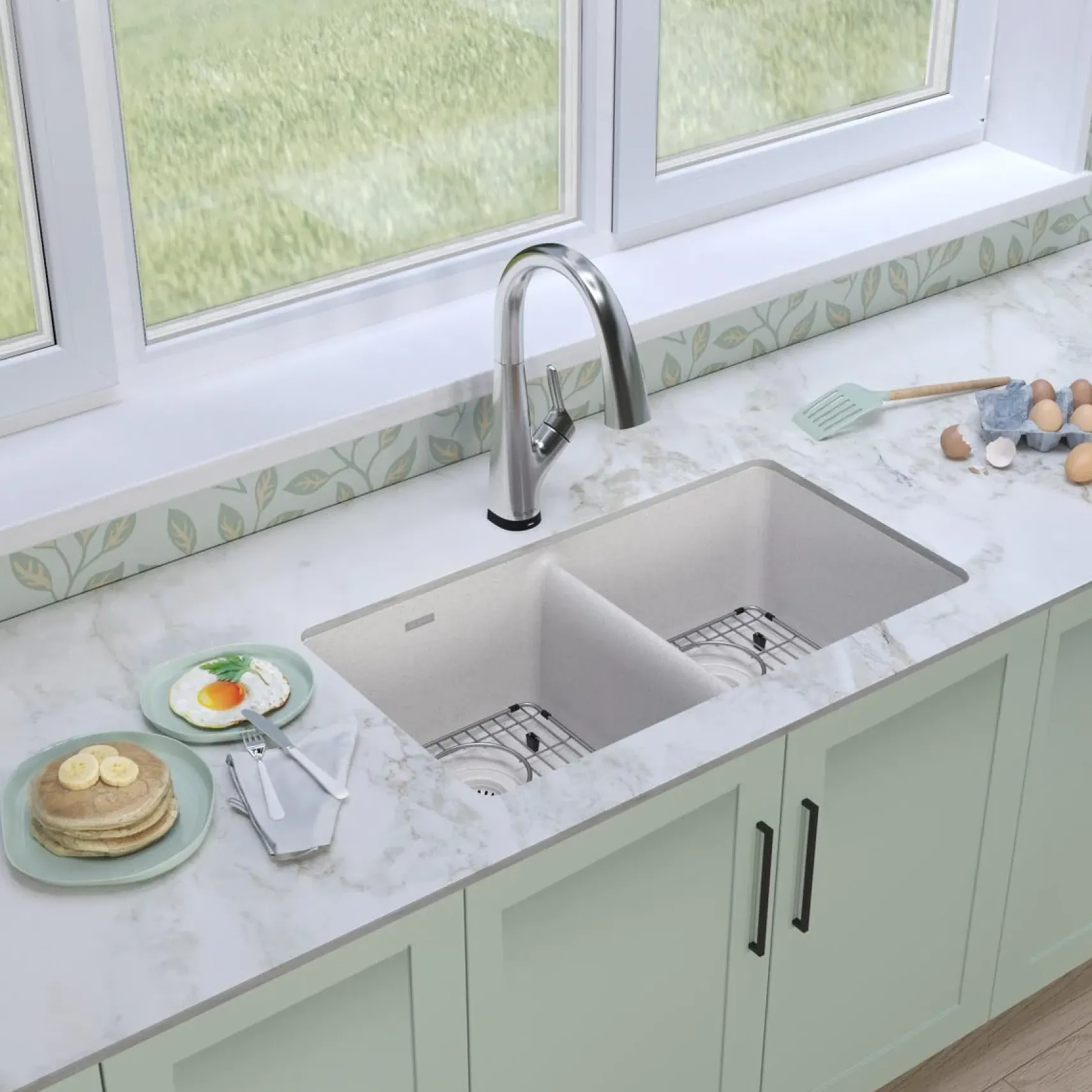 Elkay Quartz Classic 33" Undermount Quartz Kitchen Sink Kit with Faucet, 50/50 Double Bowl, White, ELGU3322WH0FLC