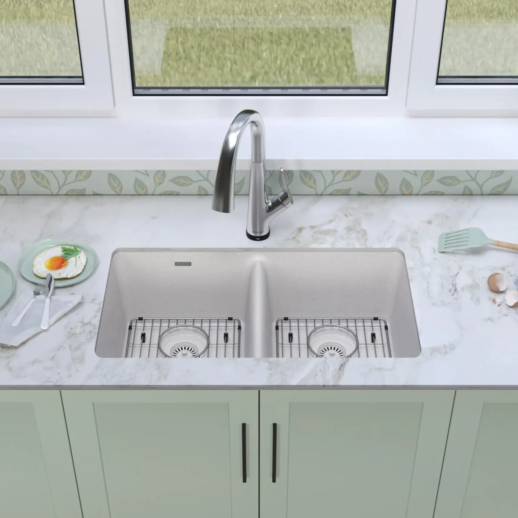 Elkay Quartz Classic 33" Undermount Quartz Kitchen Sink Kit with Faucet, 50/50 Double Bowl, White, ELGU3322WH0FLC