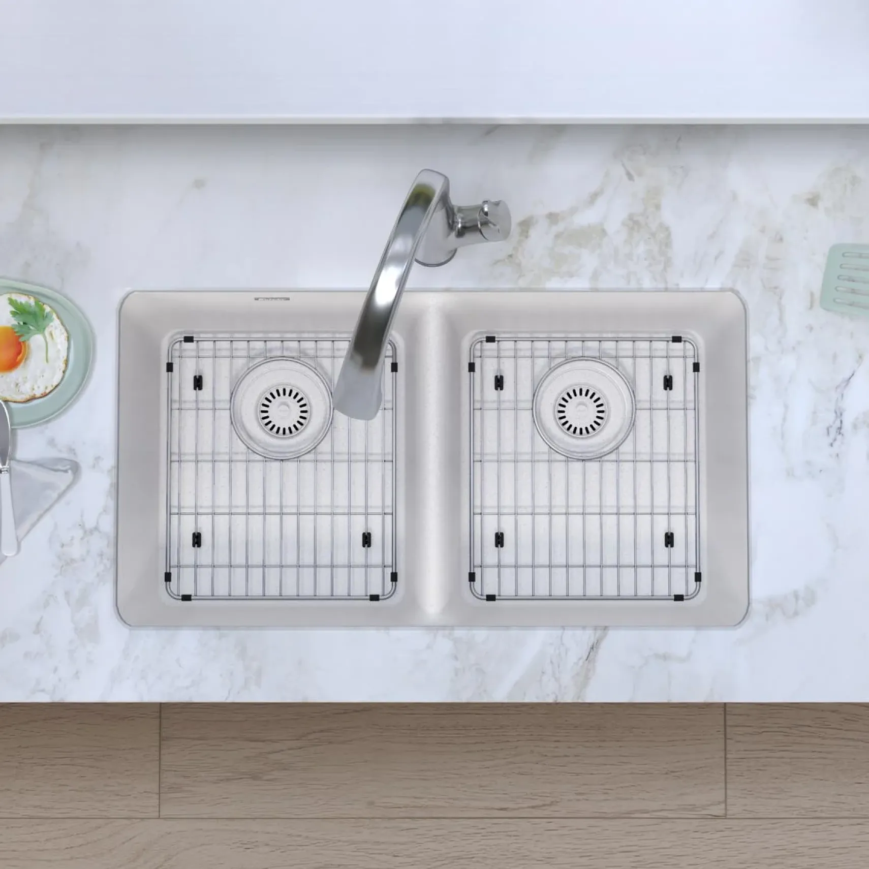 Elkay Quartz Classic 33" Undermount Quartz Kitchen Sink Kit with Faucet, 50/50 Double Bowl, White, ELGU3322WH0FLC