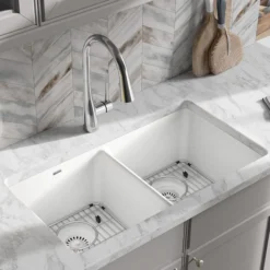 Elkay Quartz Classic 33" Undermount Quartz Kitchen Sink Kit, 50/50 Double Bowl, White, ELGU3322WH0C