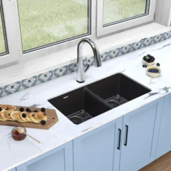 Elkay Quartz Classic 33" Undermount Quartz Kitchen Sink Kit with Faucet, 50/50 Double Bowl, Black, ELGU3322BK0FLC